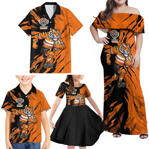 Personalized Wests Tigers Family Matching Off Shoulder Maxi Dress and Hawaiian Shirt Dynamic Lightning Mascot Rugby Australia