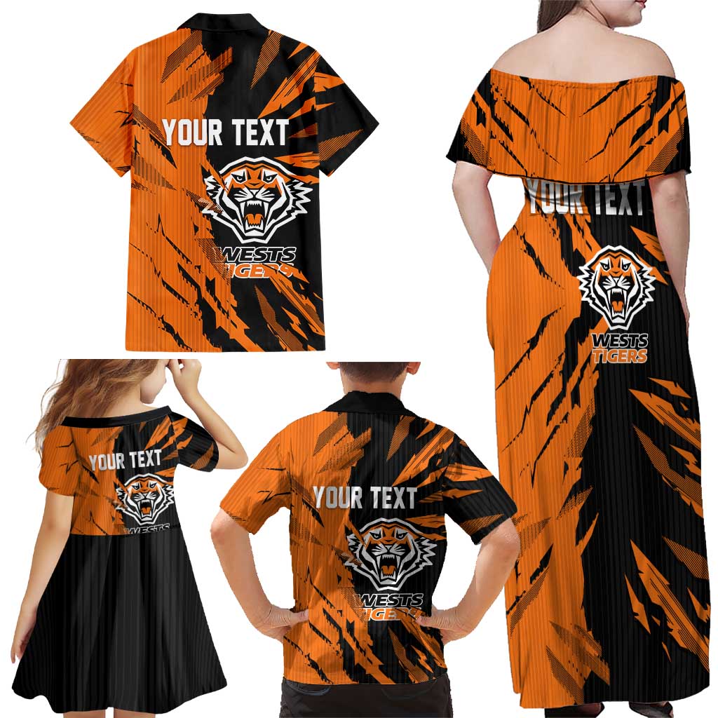 Personalized Wests Tigers Family Matching Off Shoulder Maxi Dress and Hawaiian Shirt Dynamic Lightning Mascot Rugby Australia