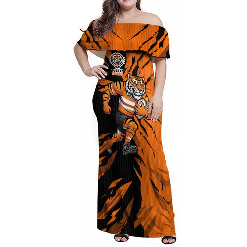 Personalized Wests Tigers Family Matching Off Shoulder Maxi Dress and Hawaiian Shirt Dynamic Lightning Mascot Rugby Australia