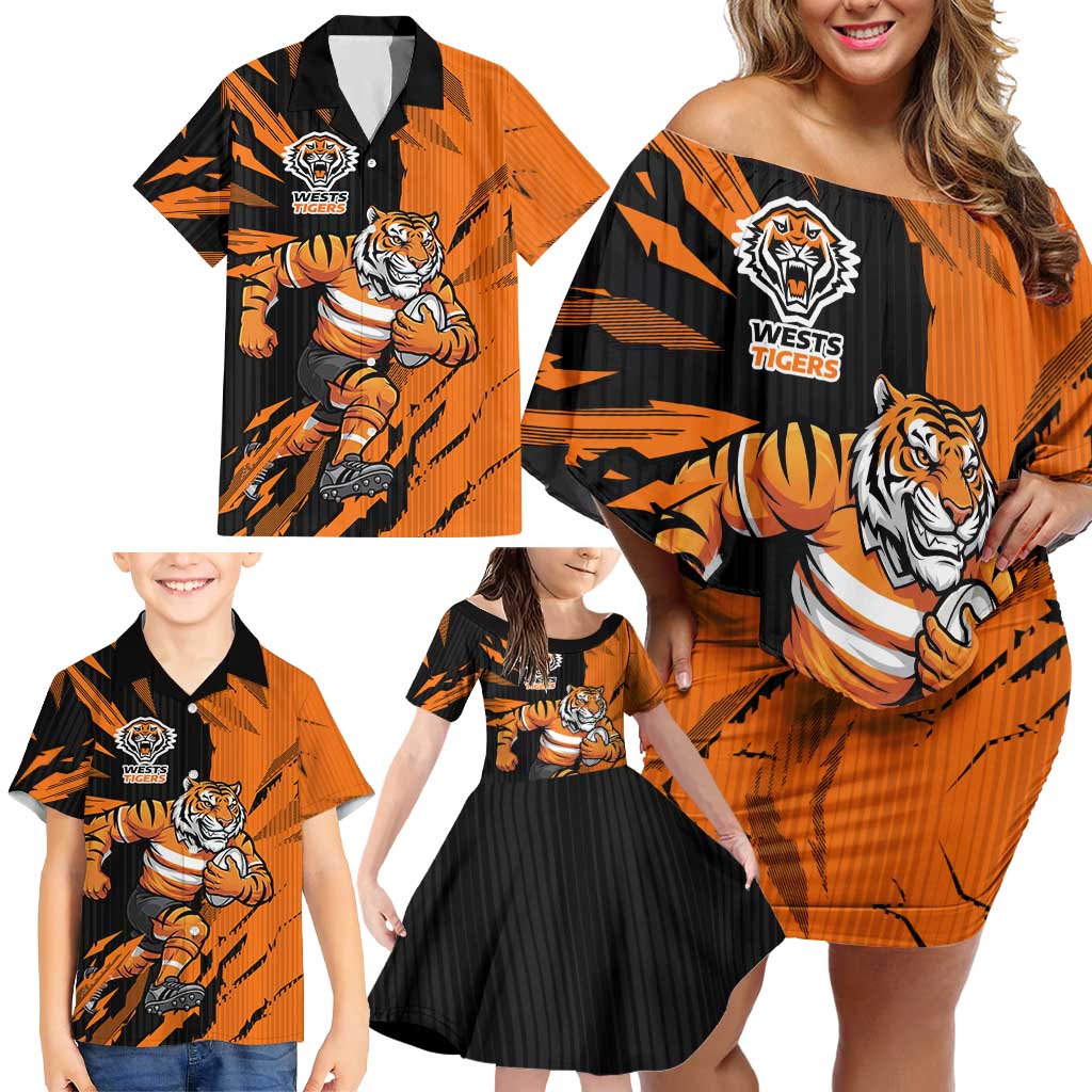 Personalized Wests Tigers Family Matching Off Shoulder Short Dress and Hawaiian Shirt Dynamic Lightning Mascot Rugby Australia