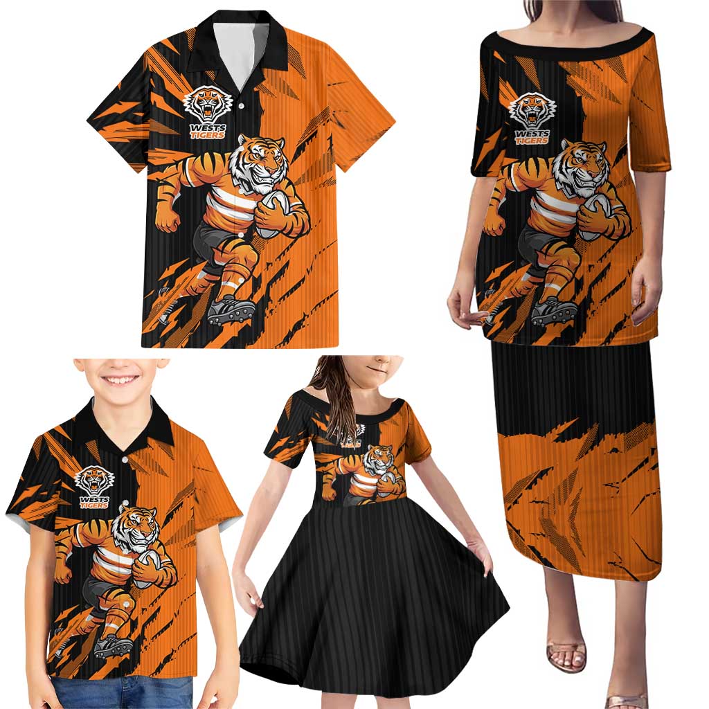 Personalized Wests Tigers Family Matching Puletasi and Hawaiian Shirt Dynamic Lightning Mascot Rugby Australia