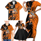 Personalized Wests Tigers Family Matching Short Sleeve Bodycon Dress and Hawaiian Shirt Dynamic Lightning Mascot Rugby Australia