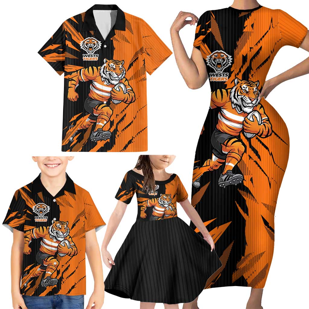 Personalized Wests Tigers Family Matching Short Sleeve Bodycon Dress and Hawaiian Shirt Dynamic Lightning Mascot Rugby Australia