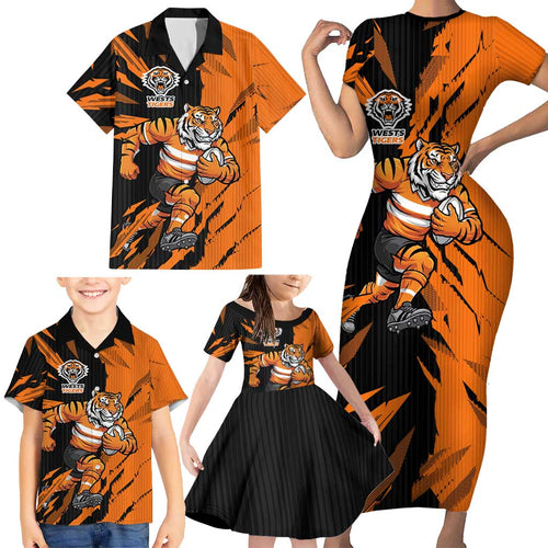 Personalized Wests Tigers Family Matching Short Sleeve Bodycon Dress and Hawaiian Shirt Dynamic Lightning Mascot Rugby Australia