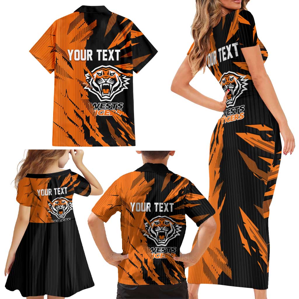 Personalized Wests Tigers Family Matching Short Sleeve Bodycon Dress and Hawaiian Shirt Dynamic Lightning Mascot Rugby Australia