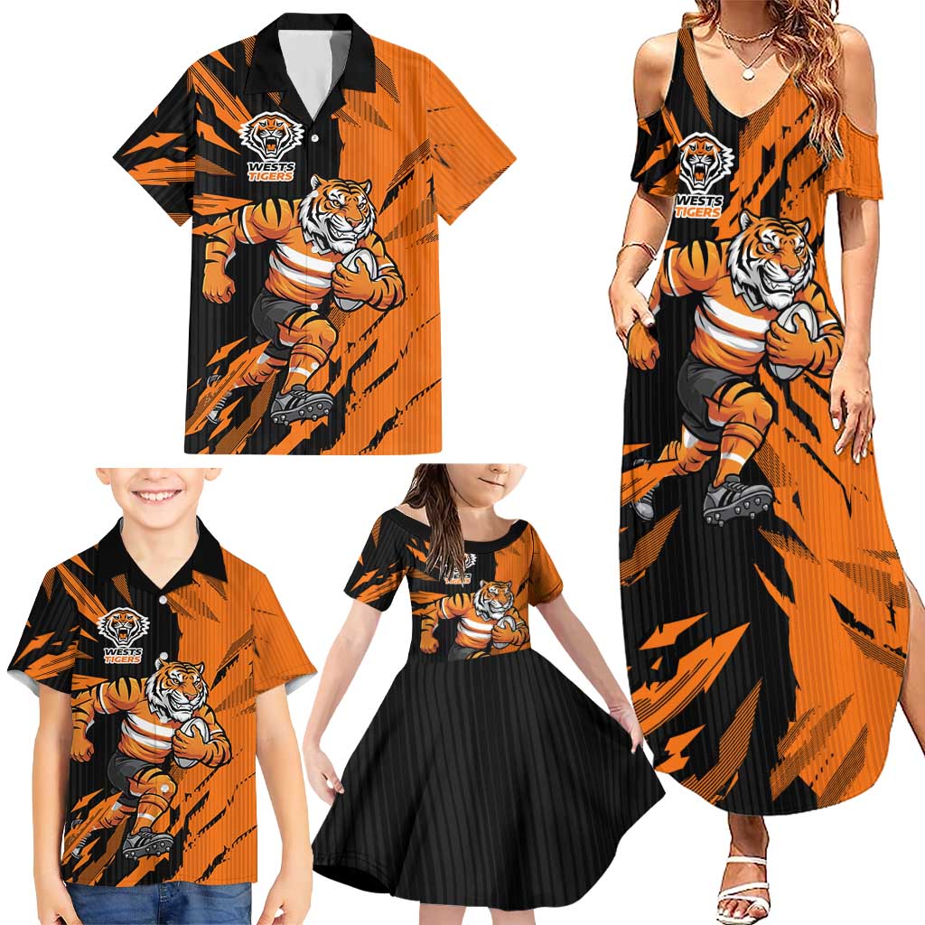 Personalized Wests Tigers Family Matching Summer Maxi Dress and Hawaiian Shirt Dynamic Lightning Mascot Rugby Australia