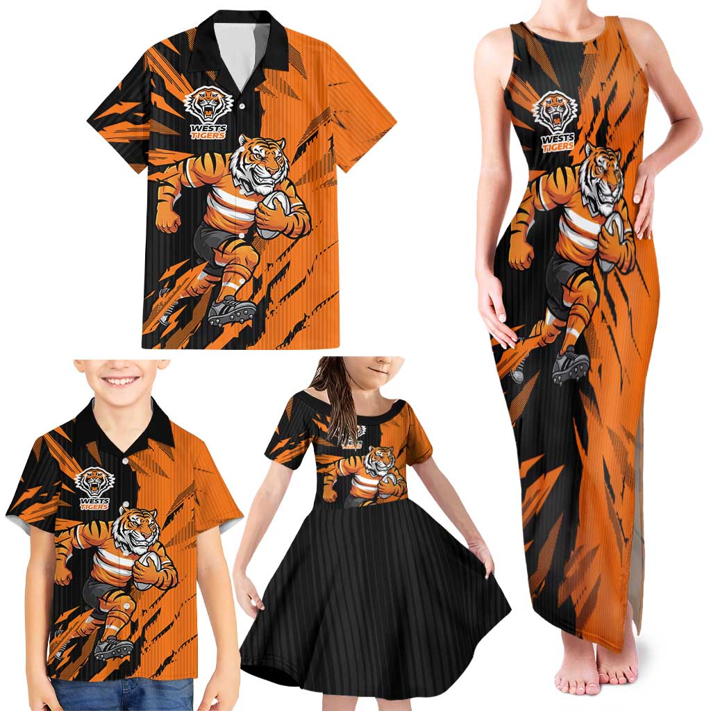 Personalized Wests Tigers Family Matching Tank Maxi Dress and Hawaiian Shirt Dynamic Lightning Mascot Rugby Australia