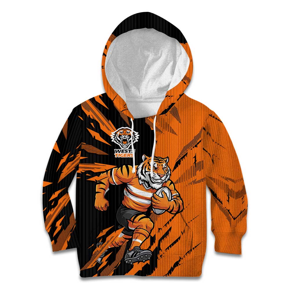 Personalized Wests Tigers Kid Hoodie Dynamic Lightning Mascot Rugby Australia