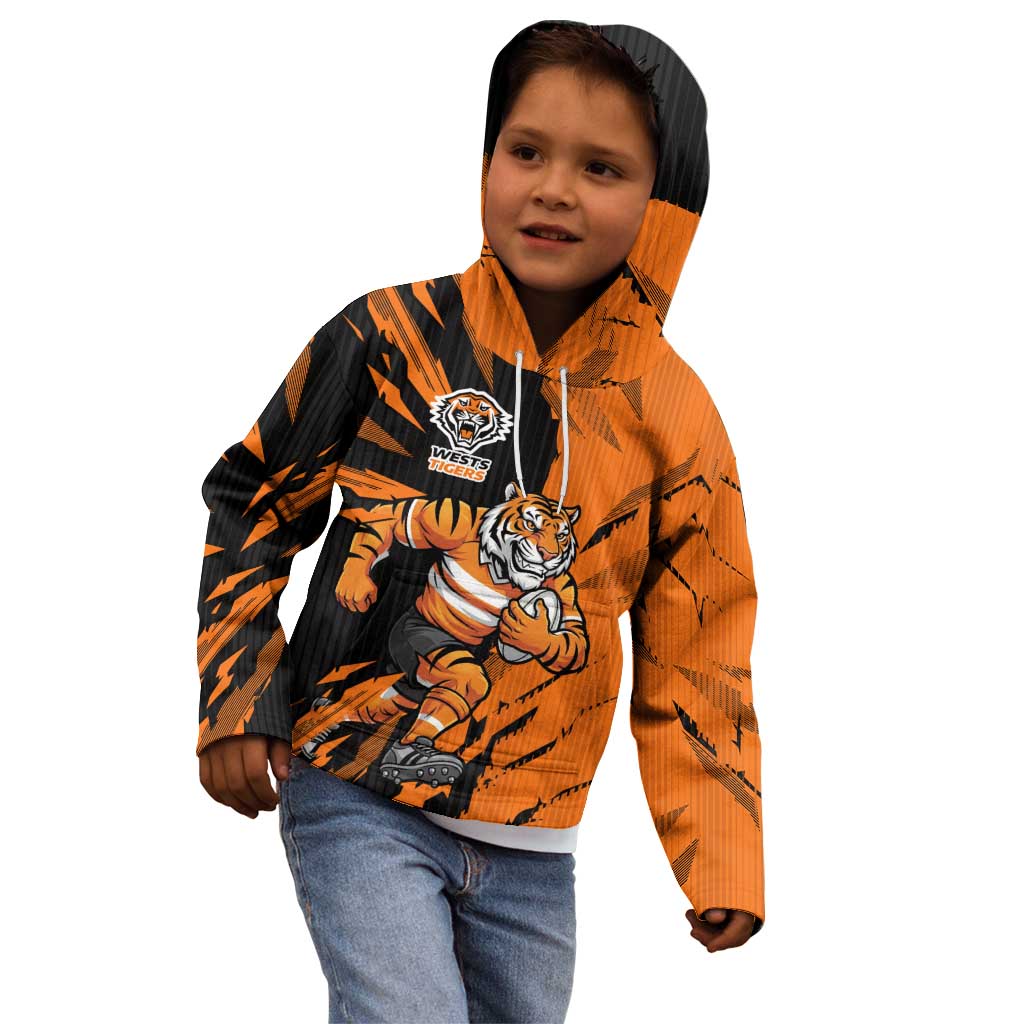 Personalized Wests Tigers Kid Hoodie Dynamic Lightning Mascot Rugby Australia