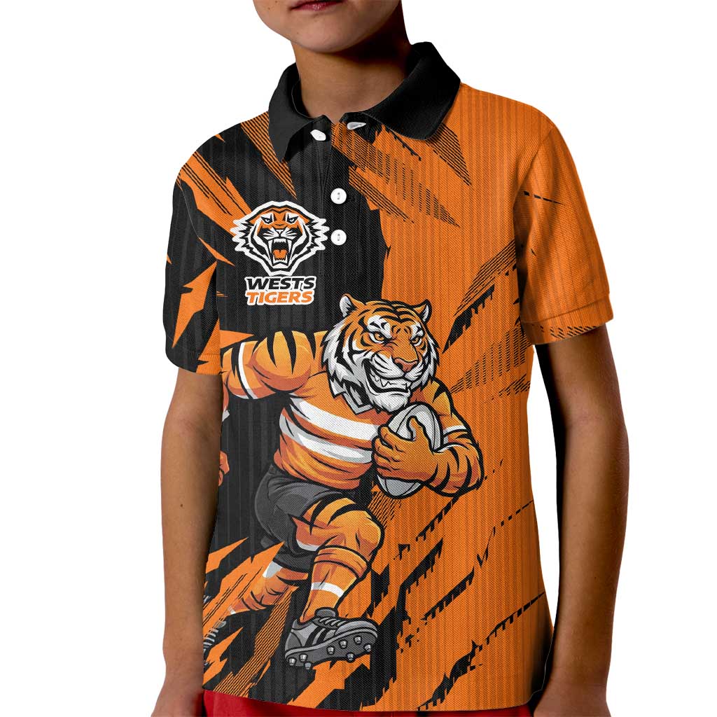 Personalized Wests Tigers Kid Polo Shirt Dynamic Lightning Mascot Rugby Australia