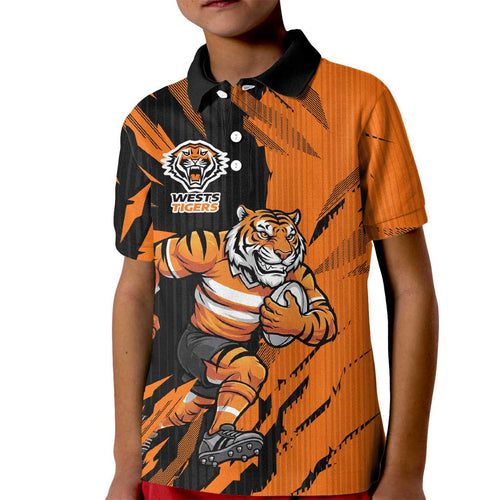 Personalized Wests Tigers Kid Polo Shirt Dynamic Lightning Mascot Rugby Australia
