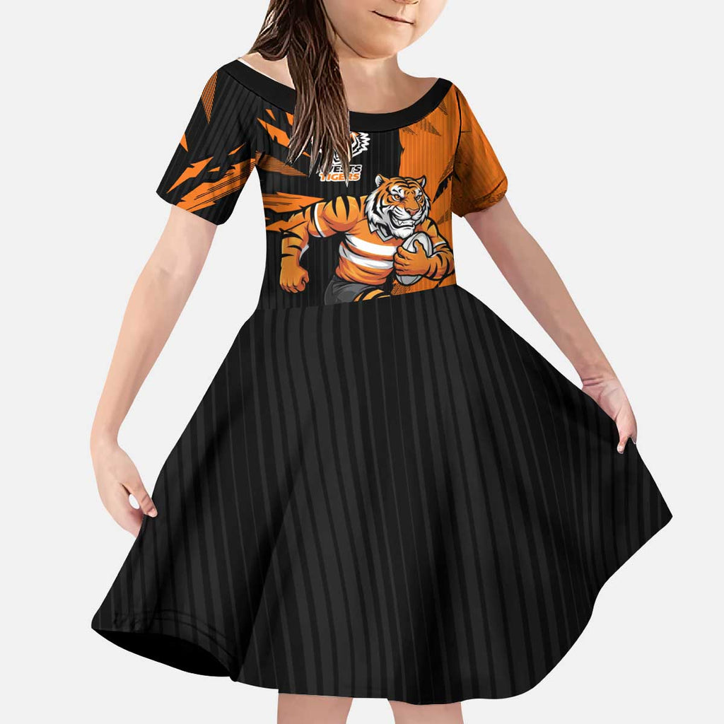 Personalized Wests Tigers Kid Short Sleeve Dress Dynamic Lightning Mascot Rugby Australia