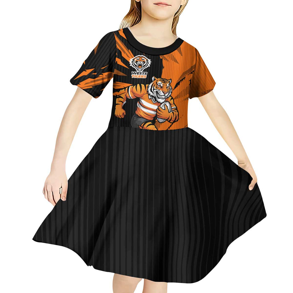 Personalized Wests Tigers Kid Short Sleeve Dress Dynamic Lightning Mascot Rugby Australia