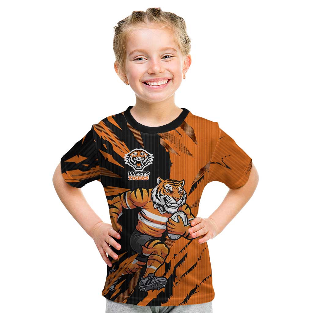 Personalized Wests Tigers Kid T Shirt Dynamic Lightning Mascot Rugby Australia