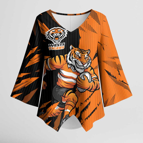 Personalized Wests Tigers Kimono Sleeve Blouse Dynamic Lightning Mascot Rugby Australia