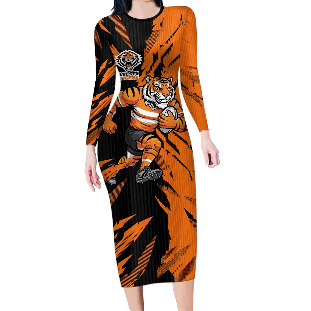 Personalized Wests Tigers Long Sleeve Bodycon Dress Dynamic Lightning Mascot Rugby Australia