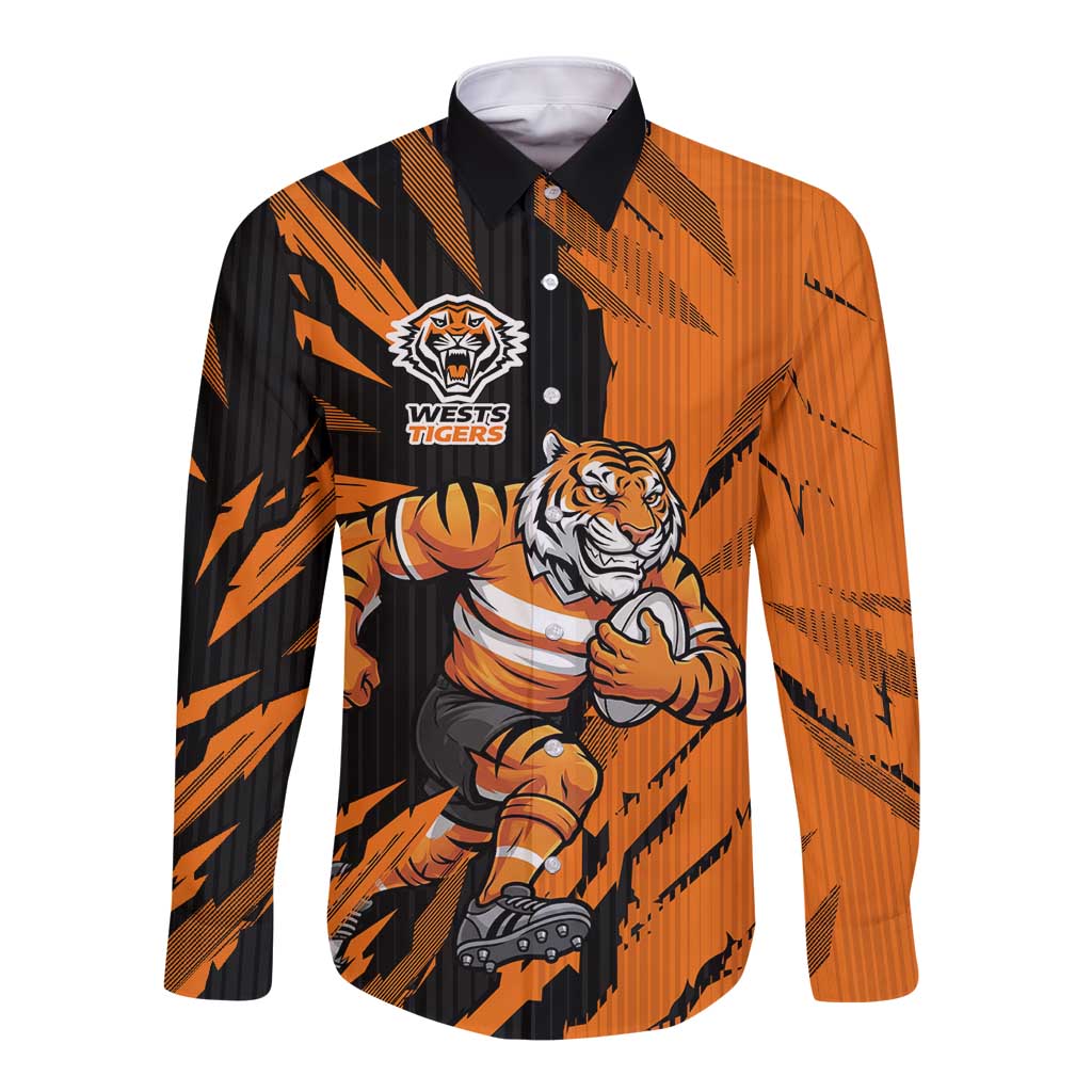 Personalized Wests Tigers Long Sleeve Button Shirt Dynamic Lightning Mascot Rugby Australia