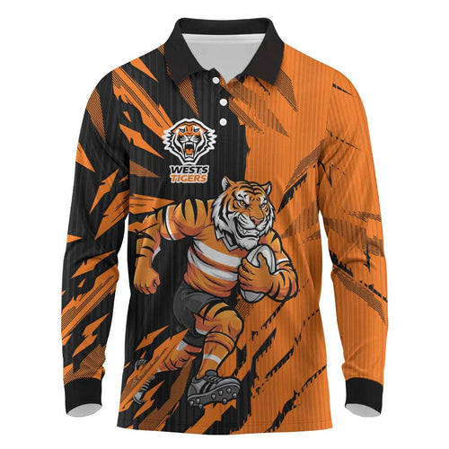 Personalized Wests Tigers Long Sleeve Polo Shirt Dynamic Lightning Mascot Rugby Australia