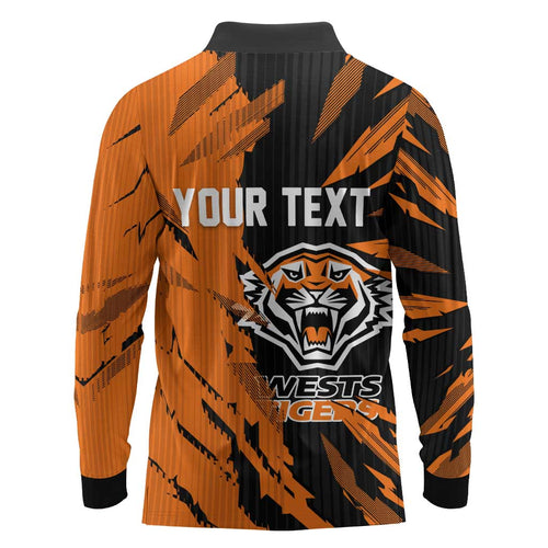 Personalized Wests Tigers Long Sleeve Polo Shirt Dynamic Lightning Mascot Rugby Australia