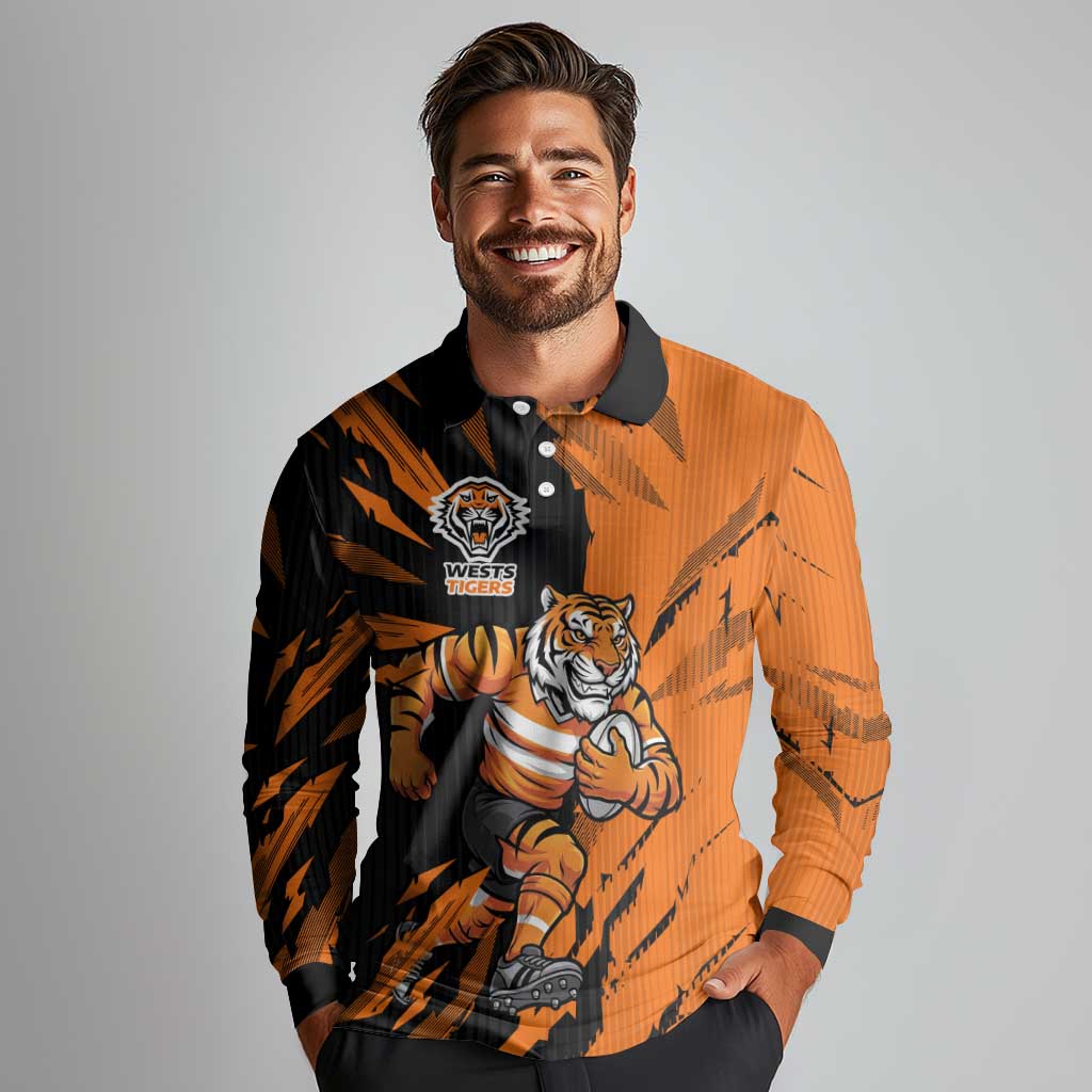 Personalized Wests Tigers Long Sleeve Polo Shirt Dynamic Lightning Mascot Rugby Australia