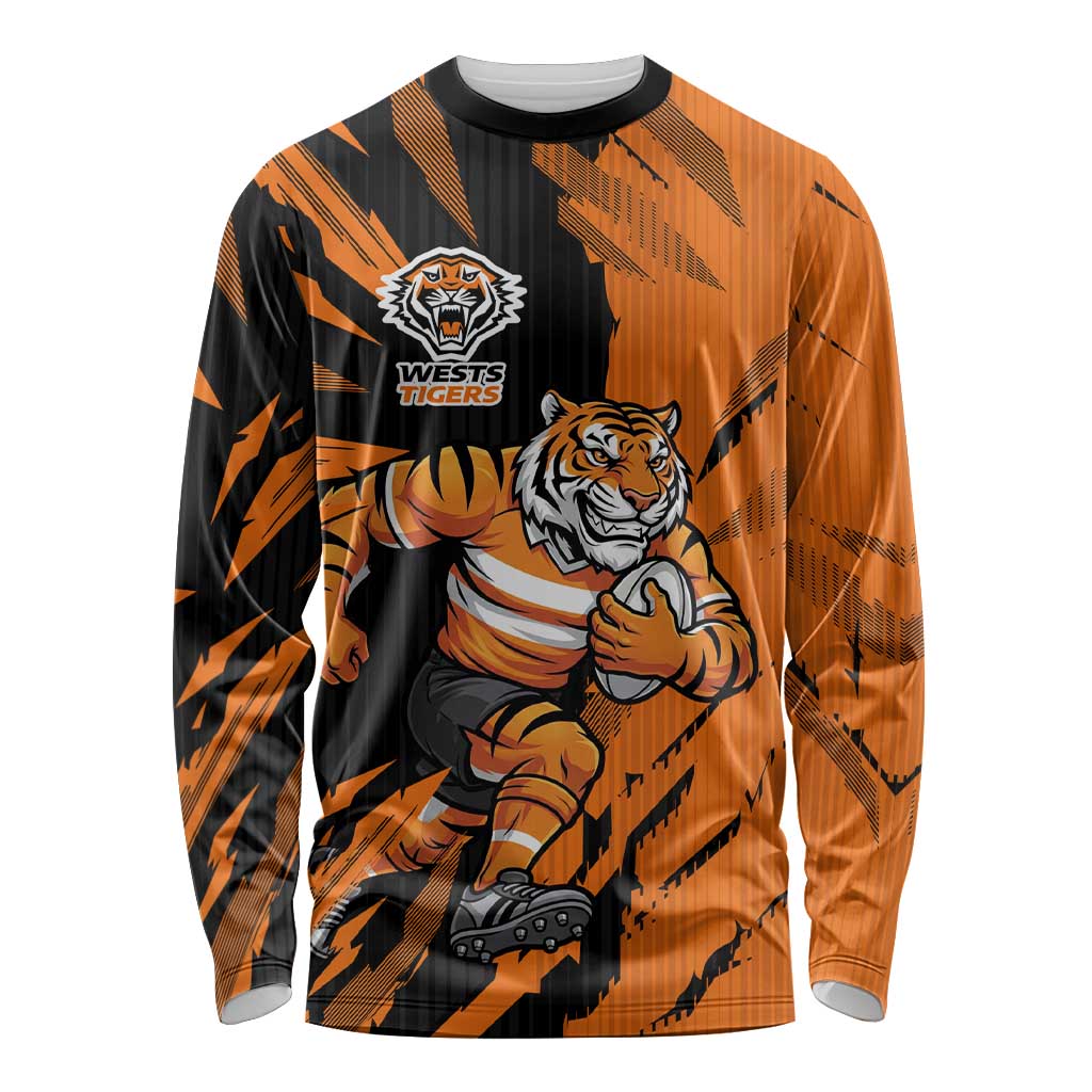 Personalized Wests Tigers Long Sleeve Shirt Dynamic Lightning Mascot Rugby Australia