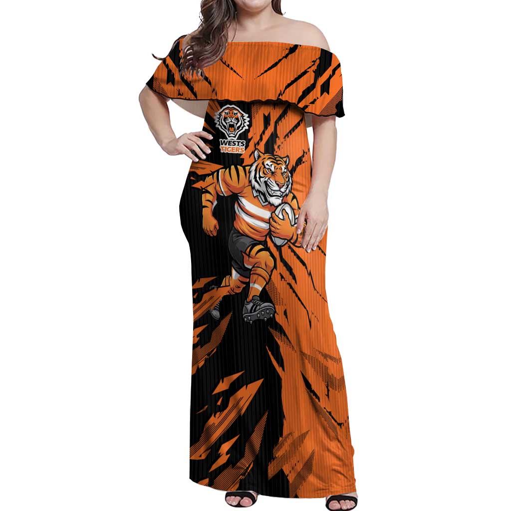 Personalized Wests Tigers Off Shoulder Maxi Dress Dynamic Lightning Mascot Rugby Australia