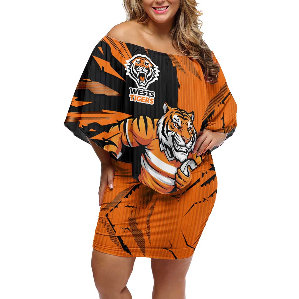 Personalized Wests Tigers Off Shoulder Short Dress Dynamic Lightning Mascot Rugby Australia