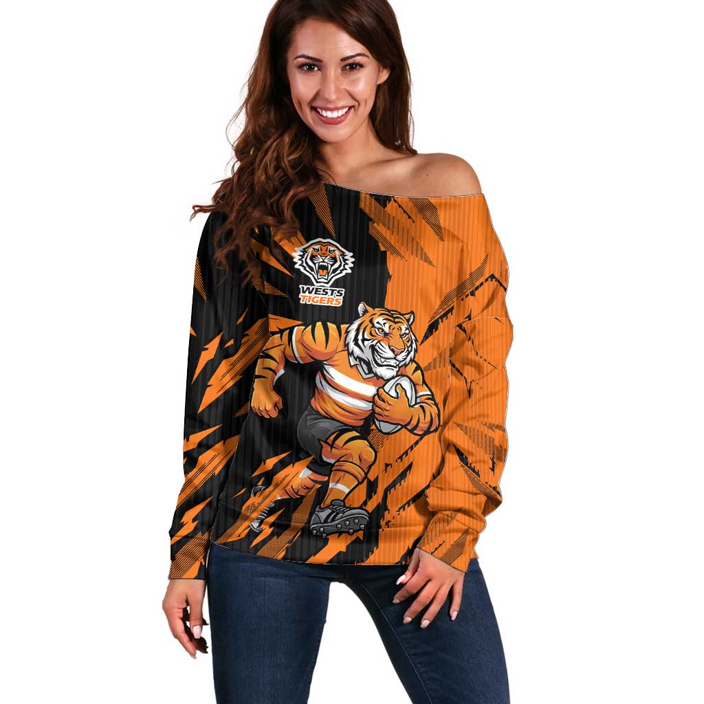 Personalized Wests Tigers Off Shoulder Sweater Dynamic Lightning Mascot Rugby Australia