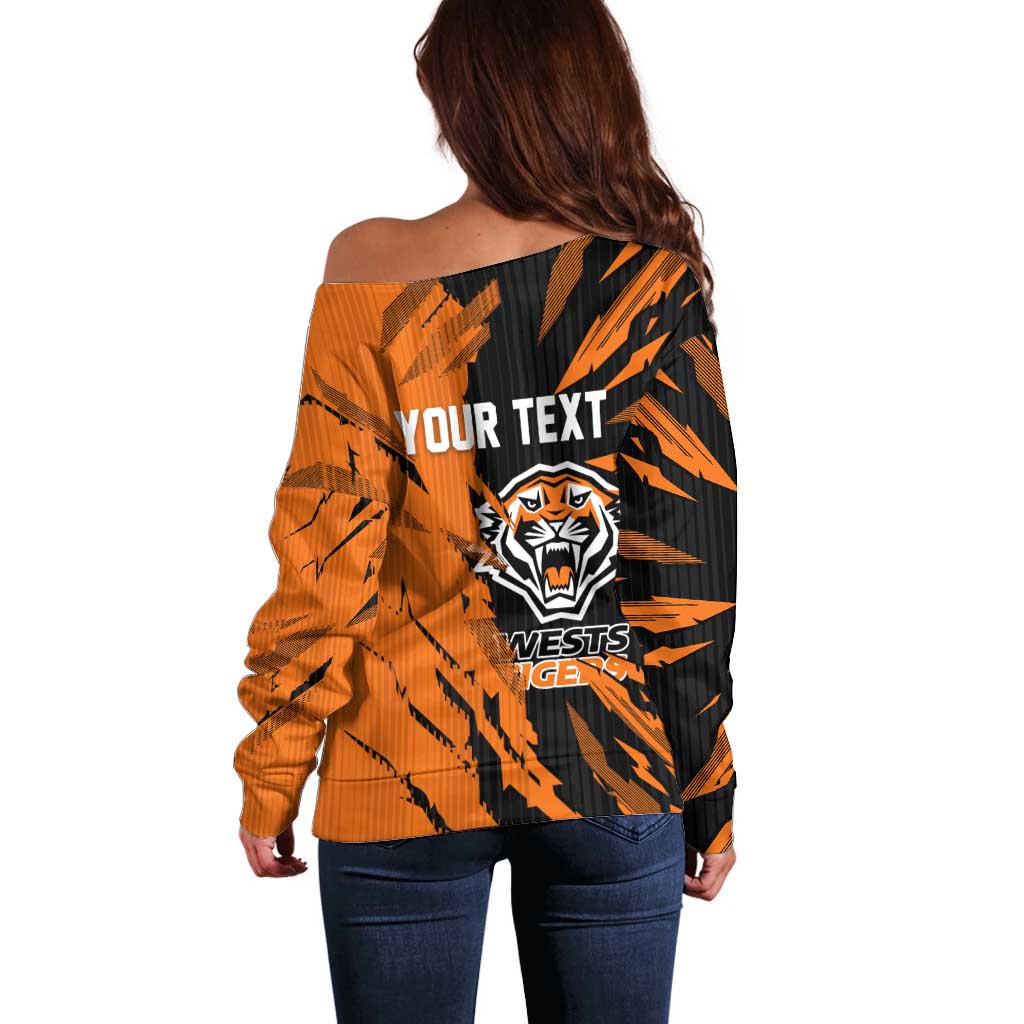 Personalized Wests Tigers Off Shoulder Sweater Dynamic Lightning Mascot Rugby Australia