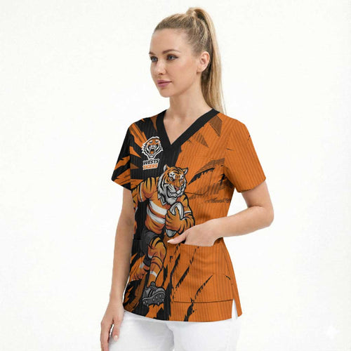 Personalized Wests Tigers Scrub Top Dynamic Lightning Mascot Rugby Australia