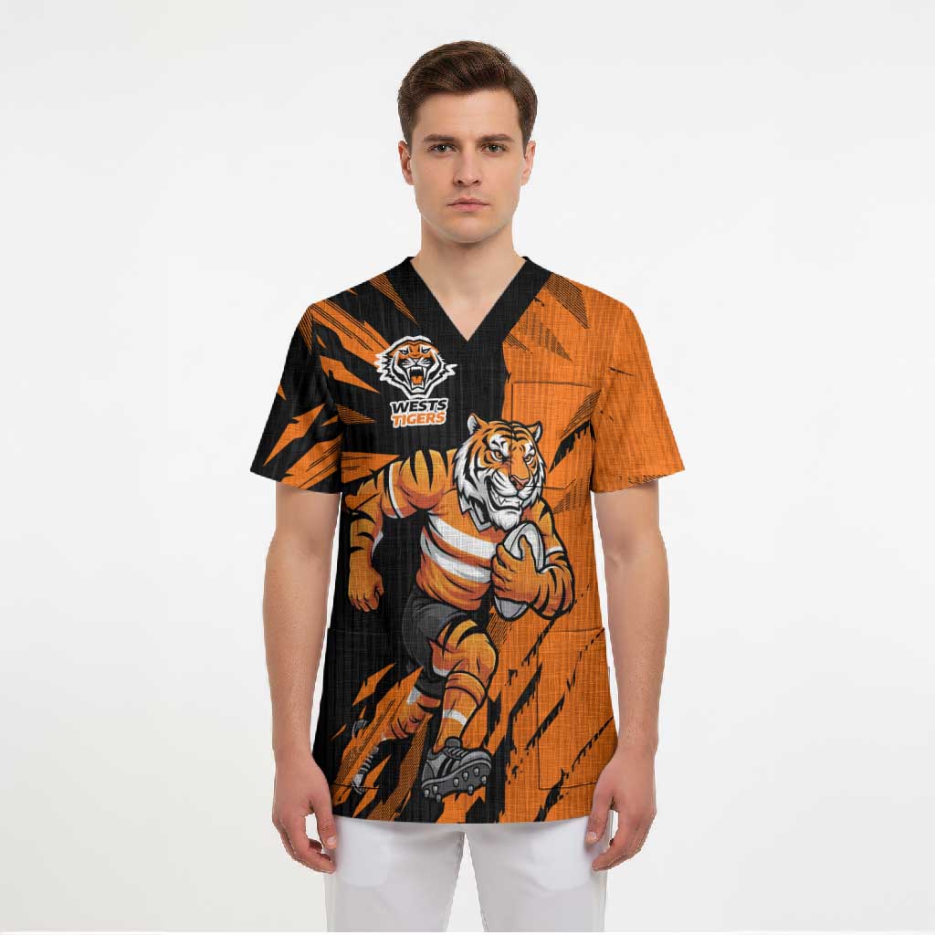 Personalized Wests Tigers Scrub Top Dynamic Lightning Mascot Rugby Australia