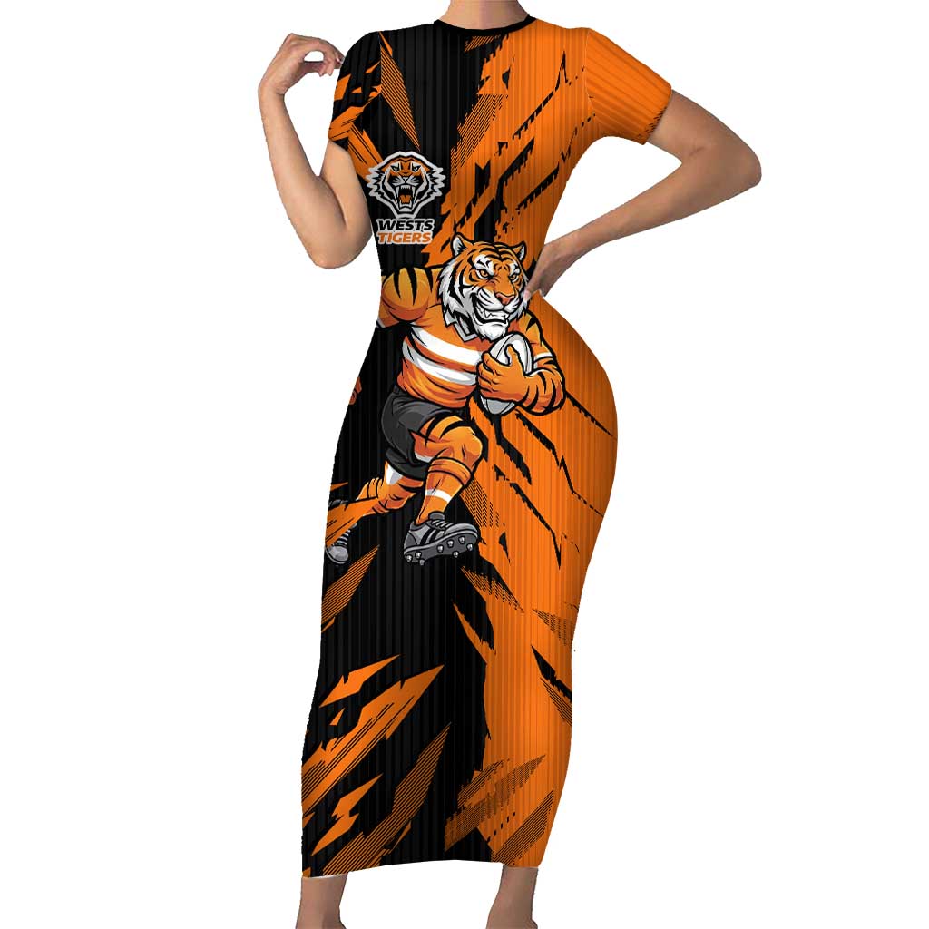 Personalized Wests Tigers Short Sleeve Bodycon Dress Dynamic Lightning Mascot Rugby Australia