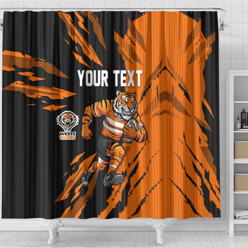 Personalized Wests Tigers Shower Curtain Dynamic Lightning Mascot Rugby Australia