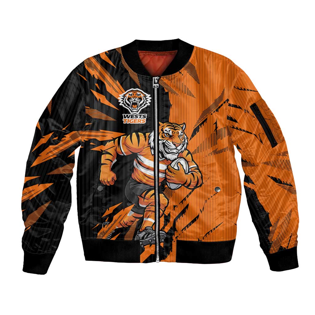 Personalized Wests Tigers Sleeve Zip Bomber Jacket Dynamic Lightning Mascot Rugby Australia