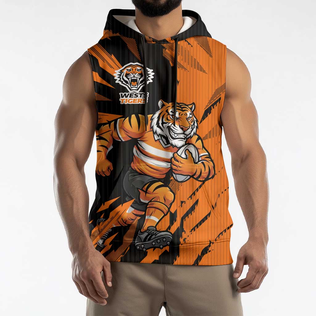 Personalized Wests Tigers Sleeveless Hoodie Dynamic Lightning Mascot Rugby Australia