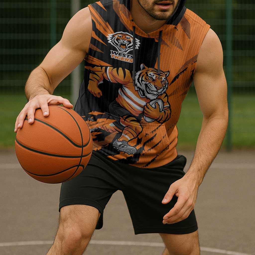 Personalized Wests Tigers Sleeveless Hoodie Dynamic Lightning Mascot Rugby Australia