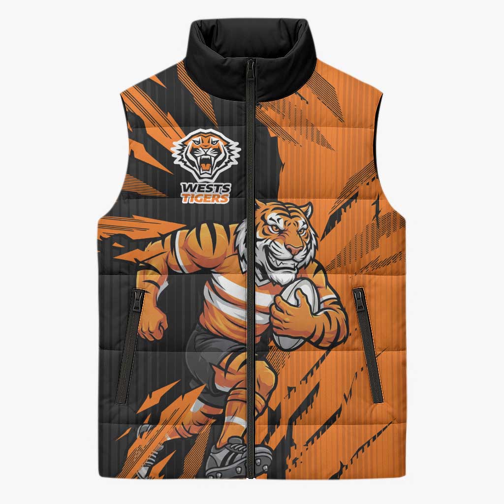 Personalized Wests Tigers Sleeveless Puffer Jacket Dynamic Lightning Mascot Rugby Australia
