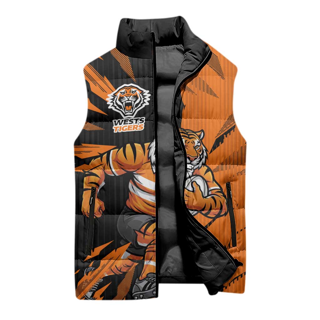 Personalized Wests Tigers Sleeveless Puffer Jacket Dynamic Lightning Mascot Rugby Australia