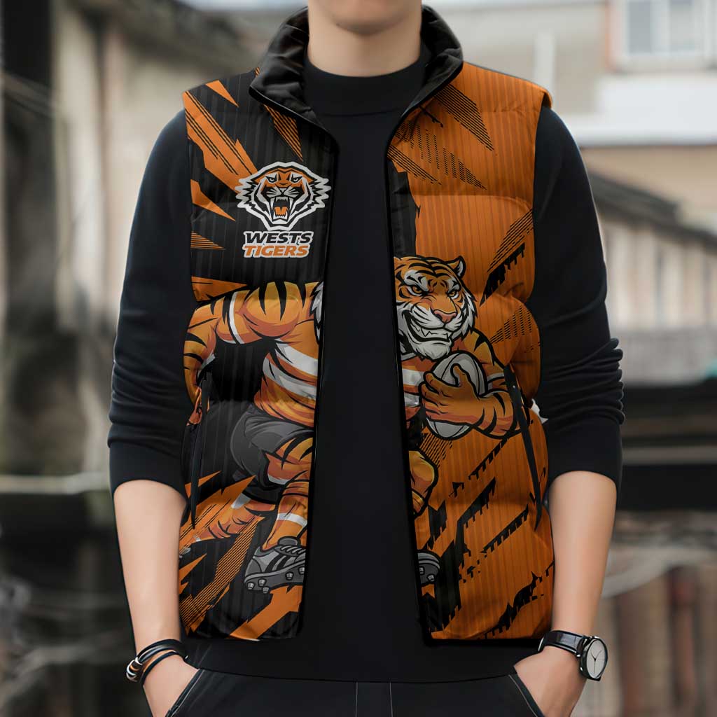 Personalized Wests Tigers Sleeveless Puffer Jacket Dynamic Lightning Mascot Rugby Australia