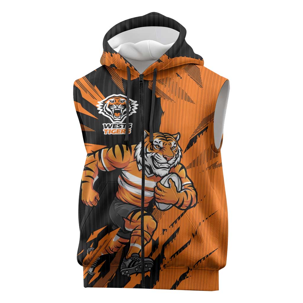 Personalized Wests Tigers Sleeveless Zip Hoodie Dynamic Lightning Mascot Rugby Australia