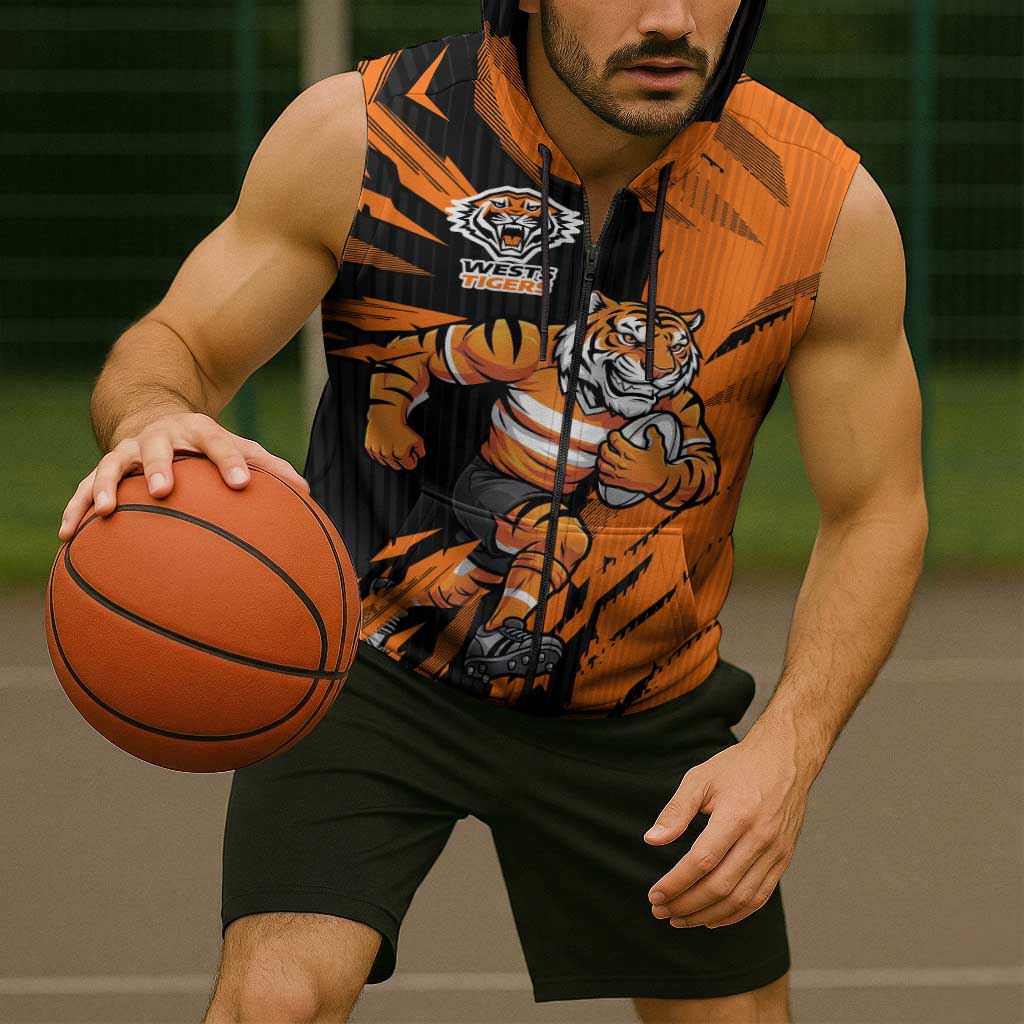 Personalized Wests Tigers Sleeveless Zip Hoodie Dynamic Lightning Mascot Rugby Australia