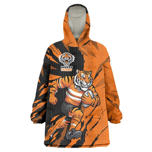 Personalized Wests Tigers Wearable Blanket Hoodie Dynamic Lightning Mascot Rugby Australia