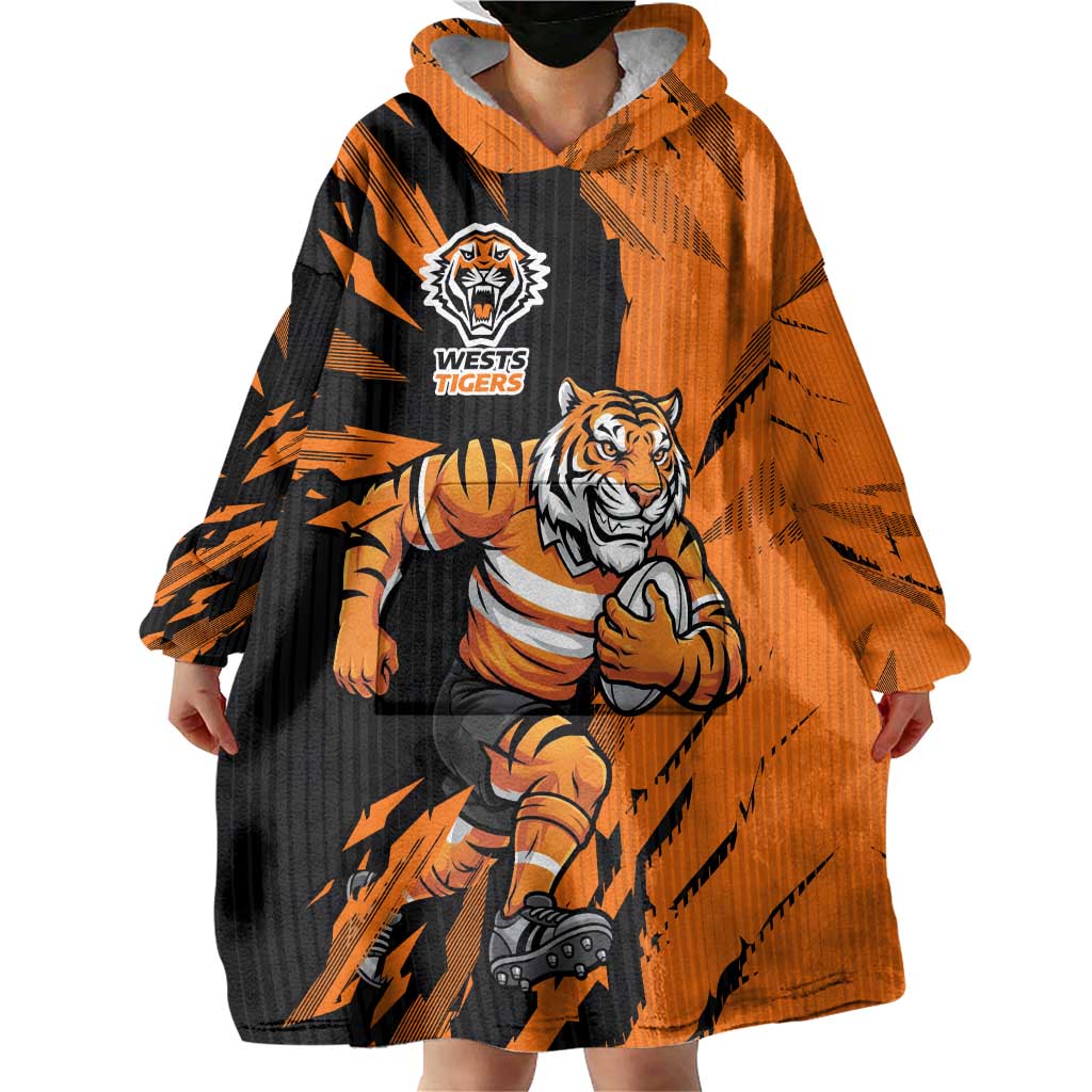 Personalized Wests Tigers Wearable Blanket Hoodie Dynamic Lightning Mascot Rugby Australia