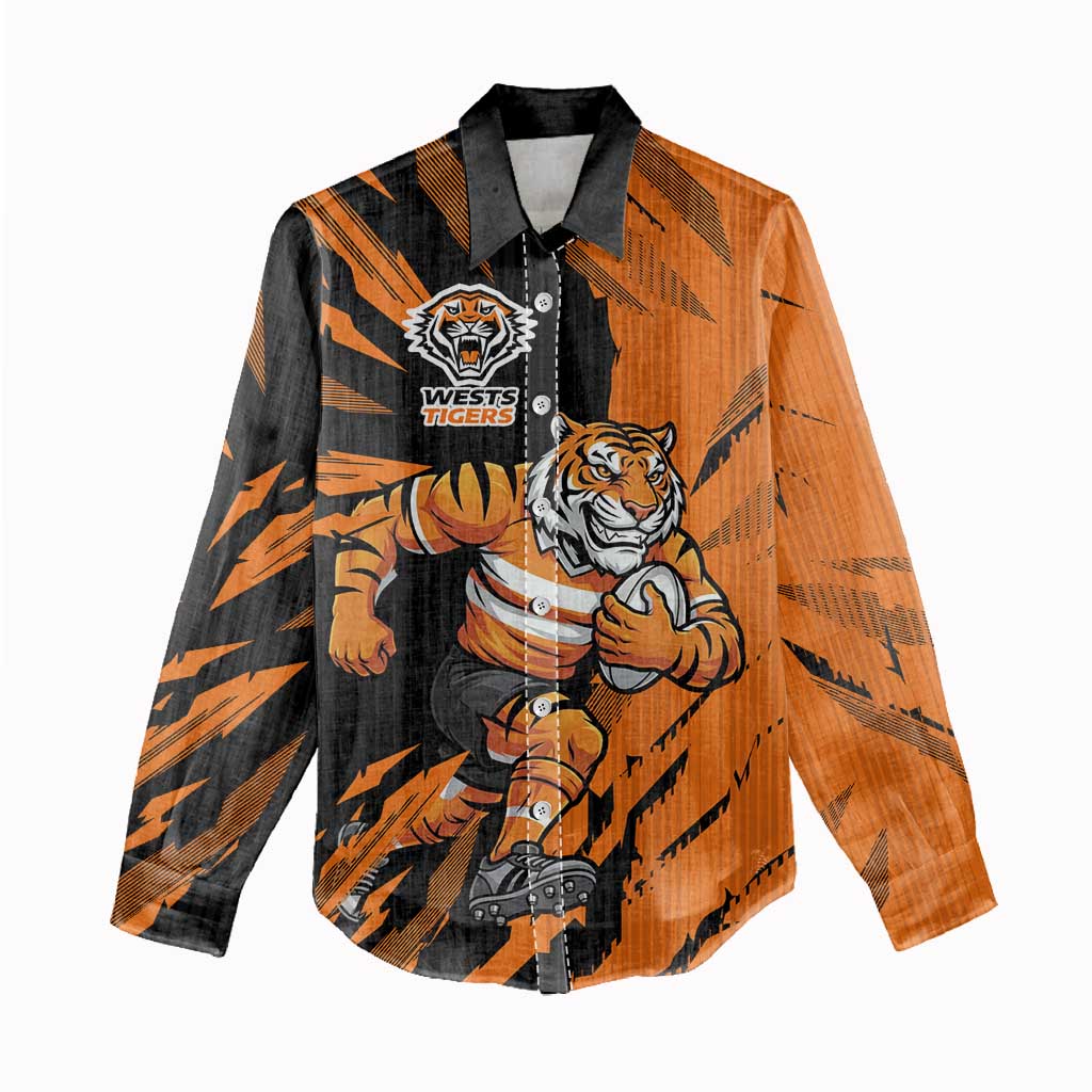 Personalized Wests Tigers Women Casual Shirt Dynamic Lightning Mascot Rugby Australia