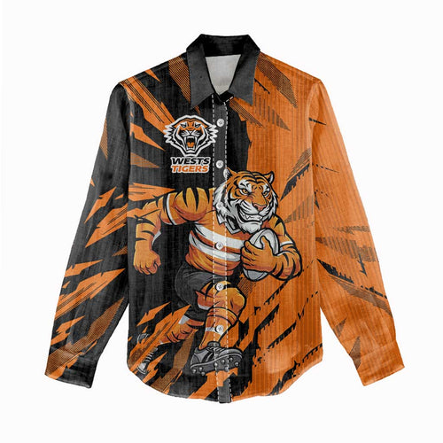 Personalized Wests Tigers Women Casual Shirt Dynamic Lightning Mascot Rugby Australia