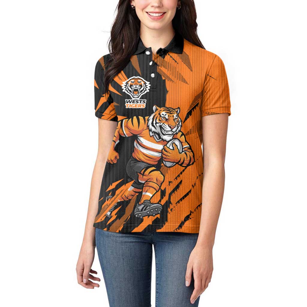 Personalized Wests Tigers Women Polo Shirt Dynamic Lightning Mascot Rugby Australia