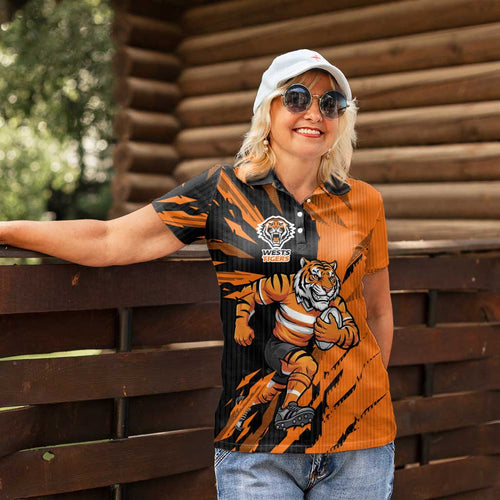 Personalized Wests Tigers Women Polo Shirt Dynamic Lightning Mascot Rugby Australia