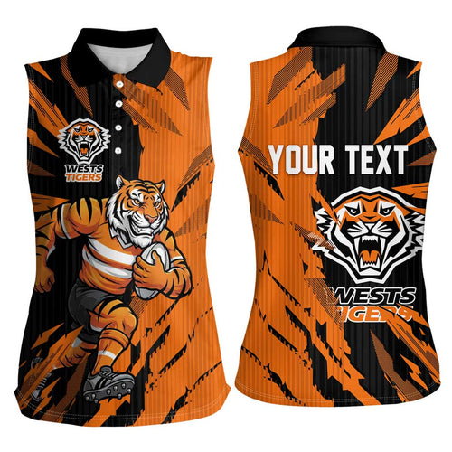 Personalized Wests Tigers Women Sleeveless Polo Shirt Dynamic Lightning Mascot Rugby Australia