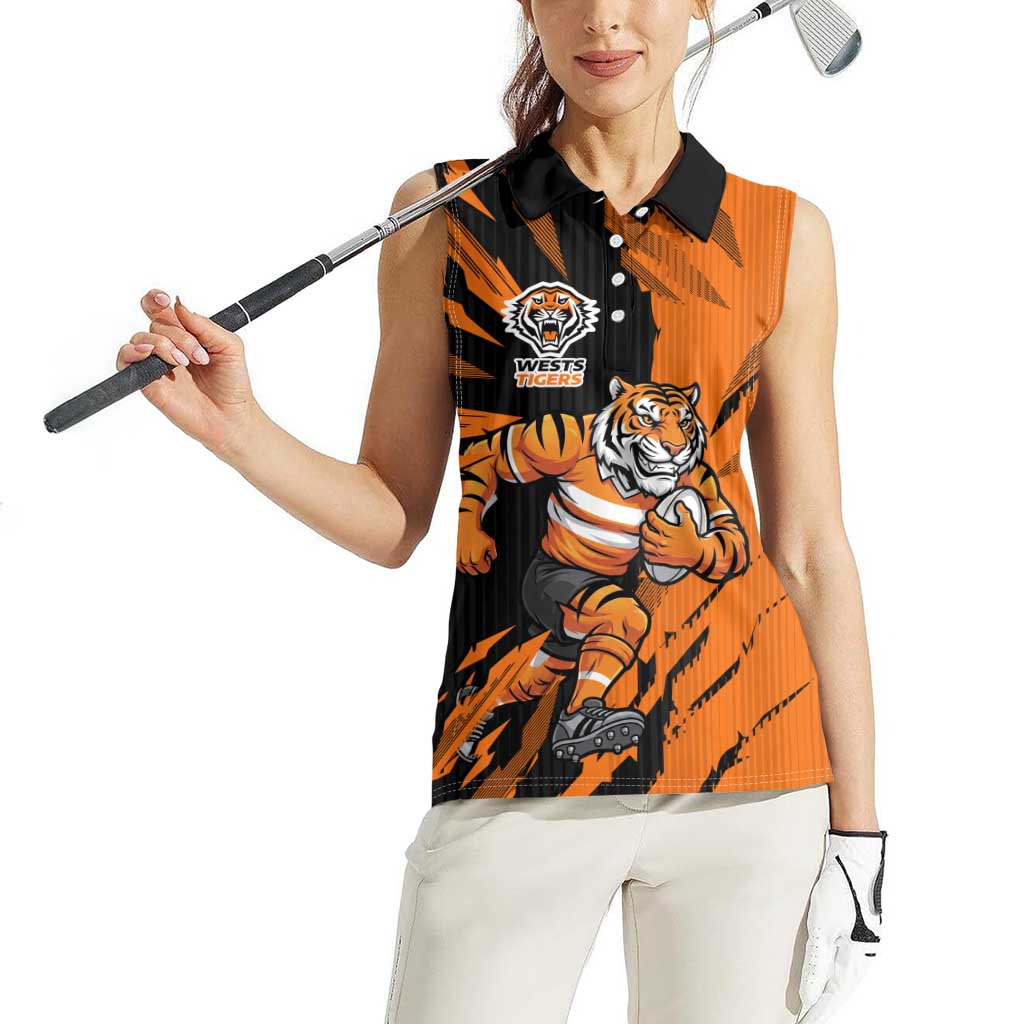 Personalized Wests Tigers Women Sleeveless Polo Shirt Dynamic Lightning Mascot Rugby Australia