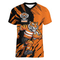 Personalized Wests Tigers Women V-Neck T-Shirt Dynamic Lightning Mascot Rugby Australia